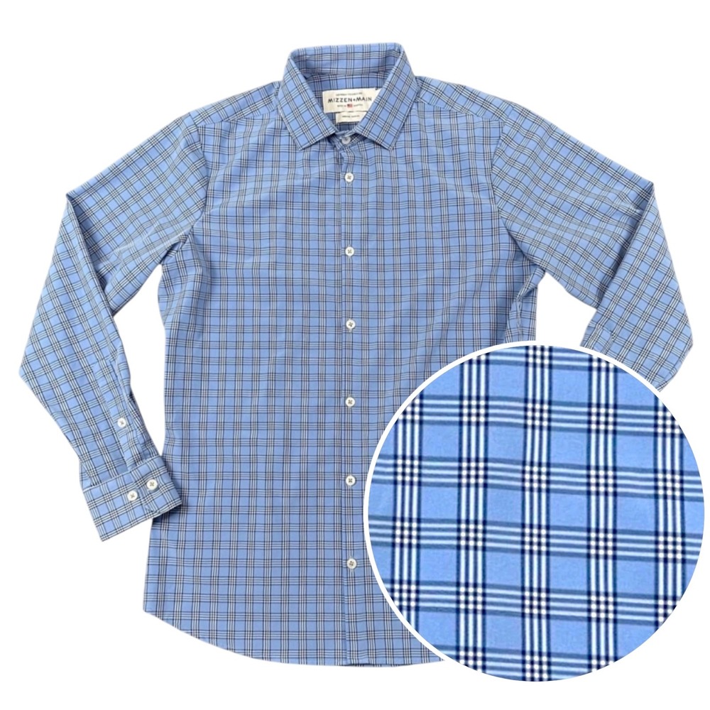 Mizzen+Main Leeward Collection Shirt Mens Medium Trim Fit Blue Plaid Performance